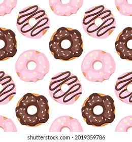 Donuts seamless pattern in glaze. Vector illustration isolated on a white background.