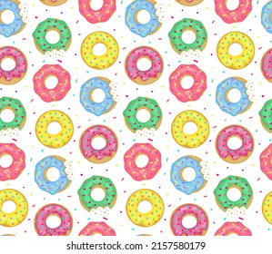 Donuts Seamless Pattern. Glazed colourful donuts sweet dessert background. Whole and bitten vercion.