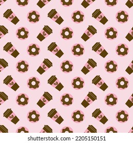 Donuts seamless pattern. Icon donuts with cup coffee on pink background. Concept takeaway food. Sweet glazed donuts. Cute design for print on wallpaper, wrapping paper, fabric. Vector illustration