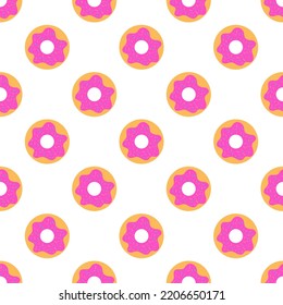 Patrón sin fisuras. Donuts de iconos con la glaseada rosa sobre fondo blanco. Concepto comida para llevar. Dulces donuts acristalados. Diseño compacto para impresión en papel pintado, papel envolvente, tela. Ilustración del vector