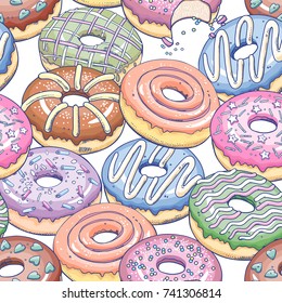 Donuts seamless pattern. Kitchen design with food, confectionery. Multicolored doughnuts on white background. Template for wrapping paper, fabric, menu cover, cafe signboard. Vector illustration art.