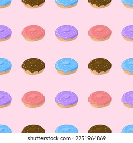 Donuts, seamless pattern on a pink background. Vector illustration.