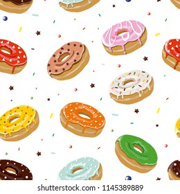 Donuts seamless pattern on white background. Colorful vector illustration. For banners, posters, menu.