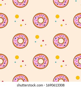 Donuts seamless pattern on white background. Cute sweet food baby background. Sweet summer. Colorful design for textile, wallpaper, fabric, decor.