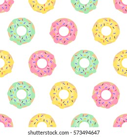 Donuts seamless pattern on white background. Cute sweet food baby background. Colorful design for textile, wallpaper, fabric, decor. 