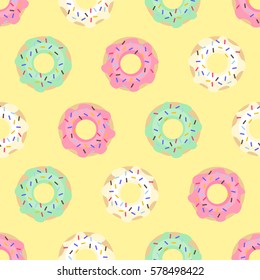 Donuts seamless pattern on yellow background. Cute sweet food background. Colorful design for textile, wallpaper, fabric, decor.