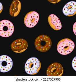 Donuts Seamless Pattern with Pink, White and Chocolate Glaze. Vector