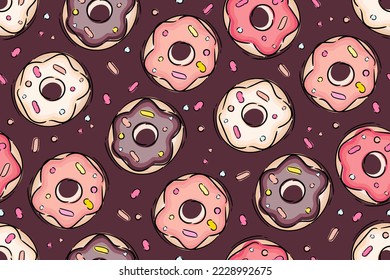 Donuts Seamless Pattern with Pink, White and Chocolate Glaze. Vector