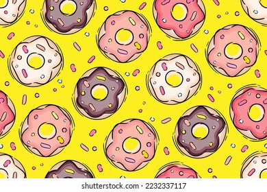 Donuts Seamless Pattern with Pink, White and Chocolate Glaze on yellow backdrop. Vector