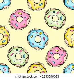 Donuts Seamless Pattern with Pink, White and Chocolate Glaze on yellow backdrop. Vector