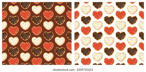 Donuts Seamless Pattern. Sweet Heart Cookies Background. Doughnut Dessert Backdrop for Birthday, Sweetest Day, Bakery, Confectionary.