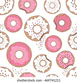 Donuts seamless pattern vector. Doodle collection confections. Colorful background with sketch objects and food icon
