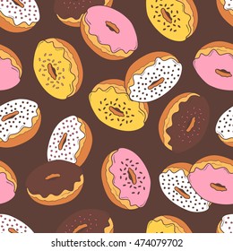 Donuts seamless pattern vector. Doodle collection confections. Colorful background with sketch objects and food icon