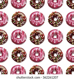 Donuts seamless pattern. Vector illustration with pastries. Sweet background for cafe, coffee, pastry shop delivery or takeaway bag design. sweet tasty colorfu