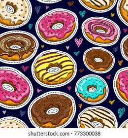 Donuts seamless pattern vector pink, chocolate, lemon, blue mint glaze, colored hearts, sprinkles, sketch style. Coffee shop packaging background, Hand drawn vector.