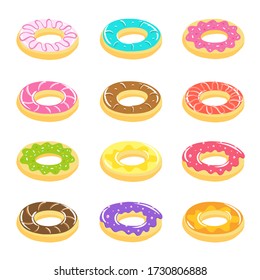 Donuts listos. Todo tipo de donuts. Crema multicolor. Delicioso postre. Ilustración vectorial. Vista isométrica.