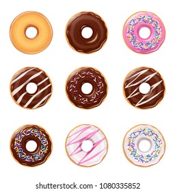 Donuts. Set of american sweet dessert. Chocolate, glaze covered, pink fast-food sweets desserts. Traditional breakfast and lunch. Candy food. Isolated white background. EPS10 vector illustration.