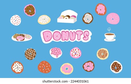 Donuts set in cartoon style. Vector illustration isolated on blue background.