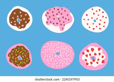 Donuts set in cartoon style. Vector illustration isolated on blue background.