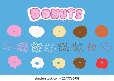 Donuts set in cartoon style. Vector illustration isolated on blue background.