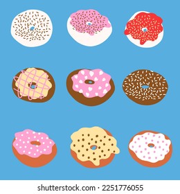 Donuts ambientados al estilo de las caricaturas. Ilustración vectorial aislada en fondo azul.
