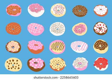 Donuts ambientados al estilo de las caricaturas. Ilustración vectorial aislada en fondo blanco.