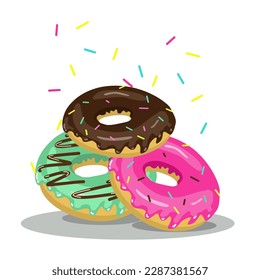 Donuts set with colored glaze and colorful sprinkles. Mint, pink and chocolate donus. Illustration Vector. Vector illustration