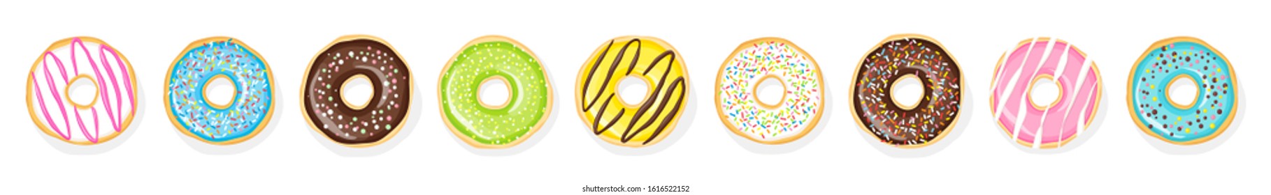 Donuts set with colored glaze and sprinkles isolated white background. Doughnut icon collection. Sweet yummy desert. Vector food illustration in cartoon style.
