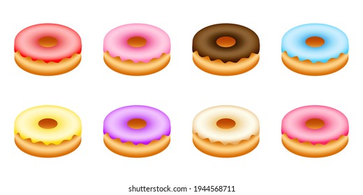 Donuts set with colorful sugar glaze decoration, in 8 flavors. Pastries on white isolated background.