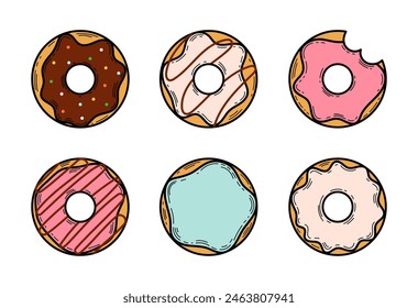 Donuts Set. Bunte Donuts mit verschiedenen Belägen, Füllungen, Streuseln. Süße, bunte und glänzende Donuts mit Glasur und Pulver. Süßes Gebäck. Süßes Dessert. Flacher Stil. Vektorgrafik Einzeldarstellung