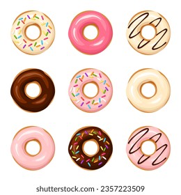 Donuts. Set of colorful donuts with white, pink, and chocolate glaze and sprinkles isolated on a white background. Vector illustration