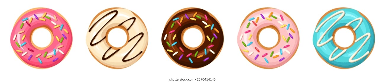 Donuts. Set of colorful donuts with white, pink, blue, and chocolate glaze and sprinkles isolated on a white background. Vector illustration. Hand-drawn illustration, not AI