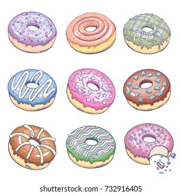 Donuts set. Confectionery products isolated on white background. Flat Vector Illustration art. A template with a picture of food to create a kitchen design, wrapping paper, fabric, menus, recipes.