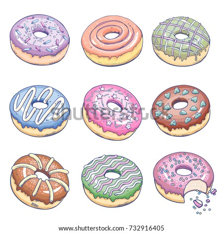 Donuts set. Confectionery products isolated on white background. Flat Vector Illustration art. A template with a picture of food to create a kitchen design, wrapping paper, fabric, menus, recipes.