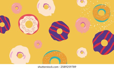 Donuts set cover pink paper background sweet lover and bakery chocolate glaze with sprinkle.note paper on top view with colorful donut and bite donut so delicious yummy food.