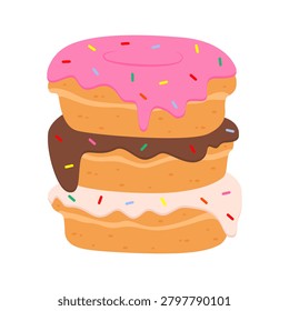 Donuts set. Cute vector illustration of a stack of three sweet donuts with pink, white, and chocolate glaze and colorful sprinkles. Isolated on white background