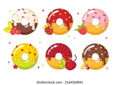 Donuts, a set with different flavors, strawberry, chocolate, frosting, jam, vector illustration, painted food yummy desserts on a white background.