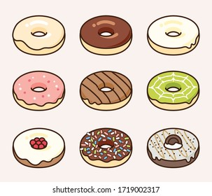 Donuts set  with different toppings: glazed, dark and white chocolate, strawberry, green tea, sprinkle, caramel cookie and cream. Sweet dessert doughnut icon vector illustration flat design.