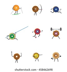Donuts. Set of exercising cartoon donuts.  Design of character donut for fitness.