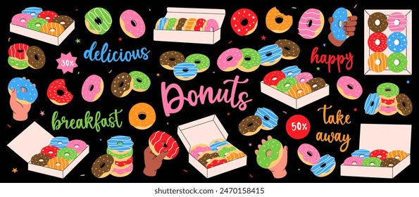 Donuts gesetzt. Handgezeichnete Elemente für Süßwarenmenü, Bäckerei-Shop. Glasierte Donuts mit Streuseln. Bäckerei süße Gebäck Essen. Vektorillustration.