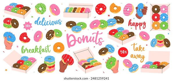 Donuts set. Hand drawn elements for confectionery menu, bakery shop. Glazed doughnuts with sprinkles. Bakery sweet pastry food. Vector illustration.