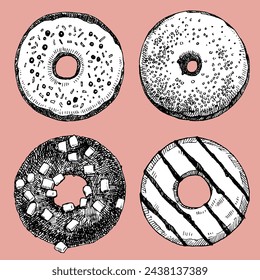 Donuts set, hand drawn sketch, vector illustration 