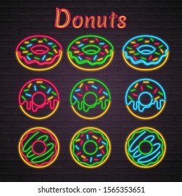Donuts Set Icon Neon Light Glowing Vector Illustration.  Doughnuts Tasty Neon Bright