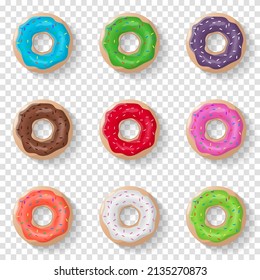 Los donuts establecen un fondo aislado con un estilo realista. Donuts de color acristalados. Ilustración del vector