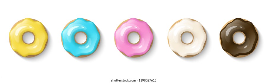 Donuts set isolated on a white background. Cute, colorful and glossy donuts with glaze and powder. Yellow, pink, vanilla, blue and chocolate glaze. Simple modern design. Realistic vector illustration.