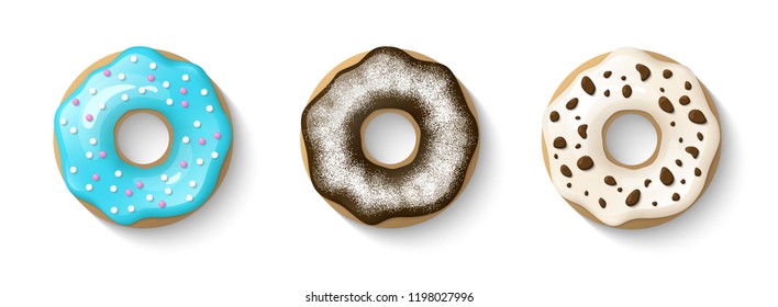 Donuts set isolated on a white background. Cute, colorful and glossy donuts with glaze and powder. Blue, Chocolate and vanilla glaze. Simple modern design. Realistic vector illustration.