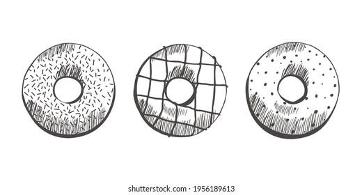 Donuts Set Isolated on White. Different type of donuts: with chocolate, stripes, glaze, splashes and sprinkle cookie
