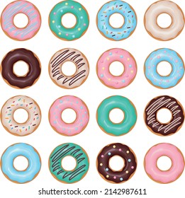 Donuts set. A large collection of donuts, poured with various glazes. Sweet dessert, fast food. Vector illustration isolated on a white background