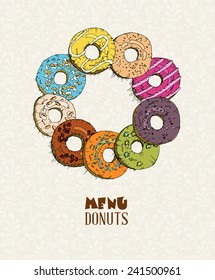 Donuts set. Menu in doodle design. Vintage style. Vector illustration.