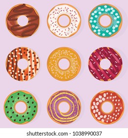 Donuts. A set of nine donuts isolated on a light background. A variety of donuts with different tastes and designs. Sweet donuts. Postcard, background, banner, game design. Template for design. Vector